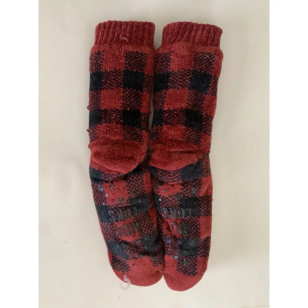 Muk Luks Short Sherpa Cabin Socks Red Buffalo Plaid Slippers Womens